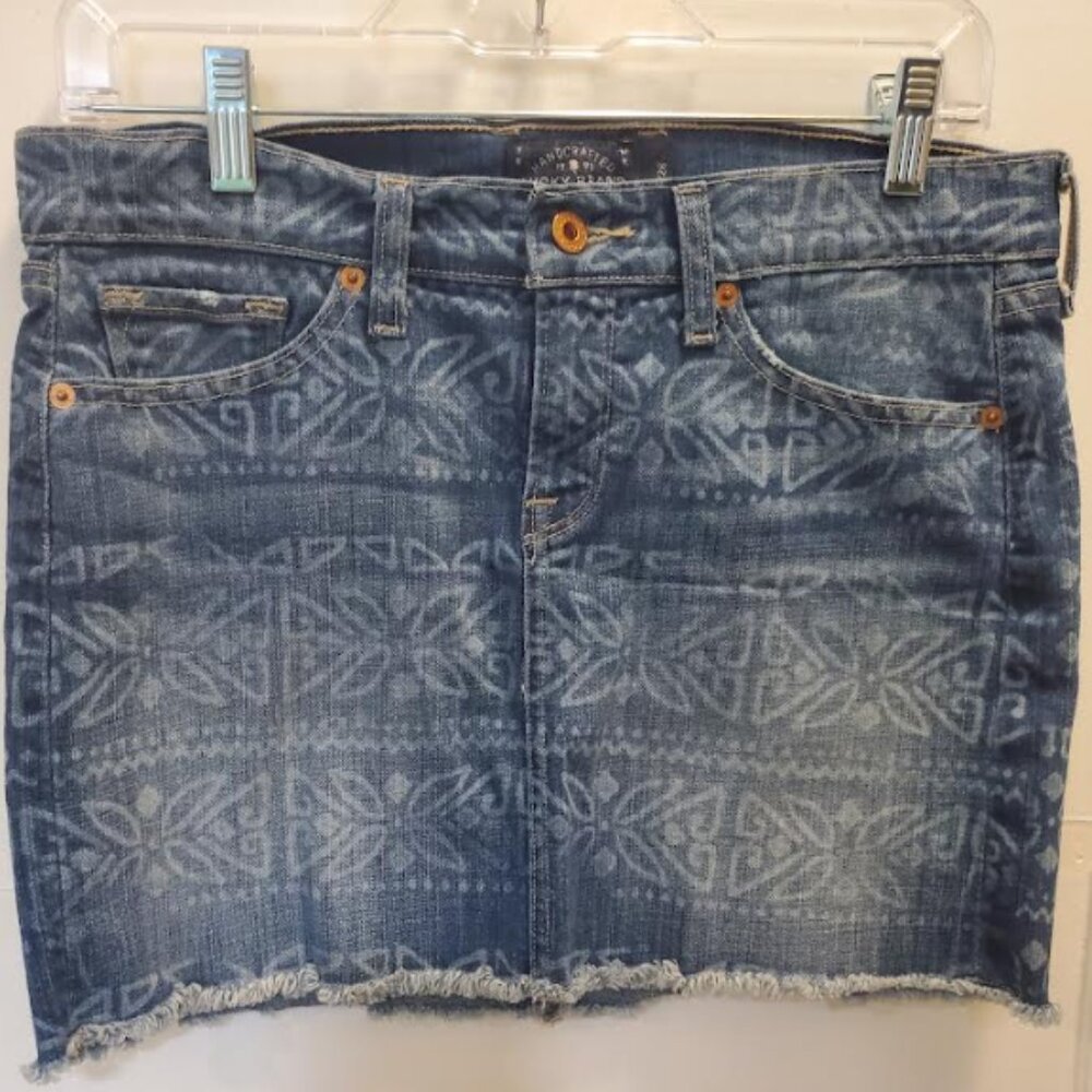 Lucky Brand Patterned Denim Mini Skirt with Raw Hem -Size 6- Good Condition